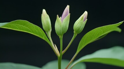 Obraz premium Closeup of Three Emerging Flower Buds on Green Stem with Leaves
