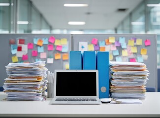 Fototapeta premium Overwhelmed workspace laptop, stacks of papers, and colorful sticky notes on cubicle dividers, suggesting a busy office environment