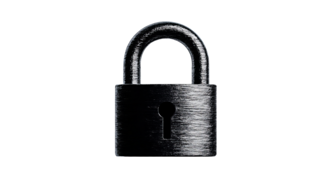 Metal padlock features a keyhole and textured surface against a dark, contrasting background.