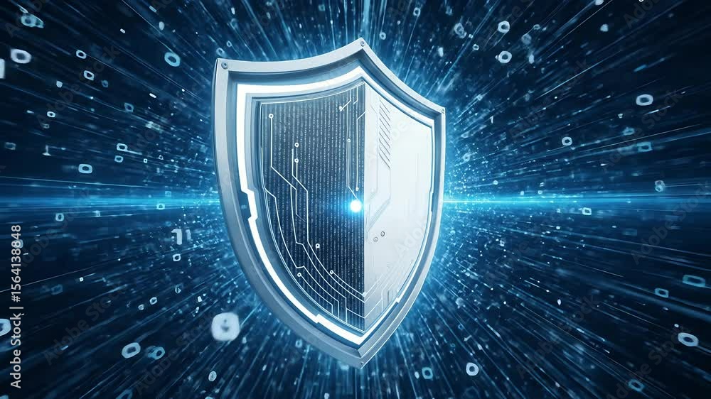 Aufkleber rotating metallic shield against blue digital background with binary code, symbolizing cybersecurity