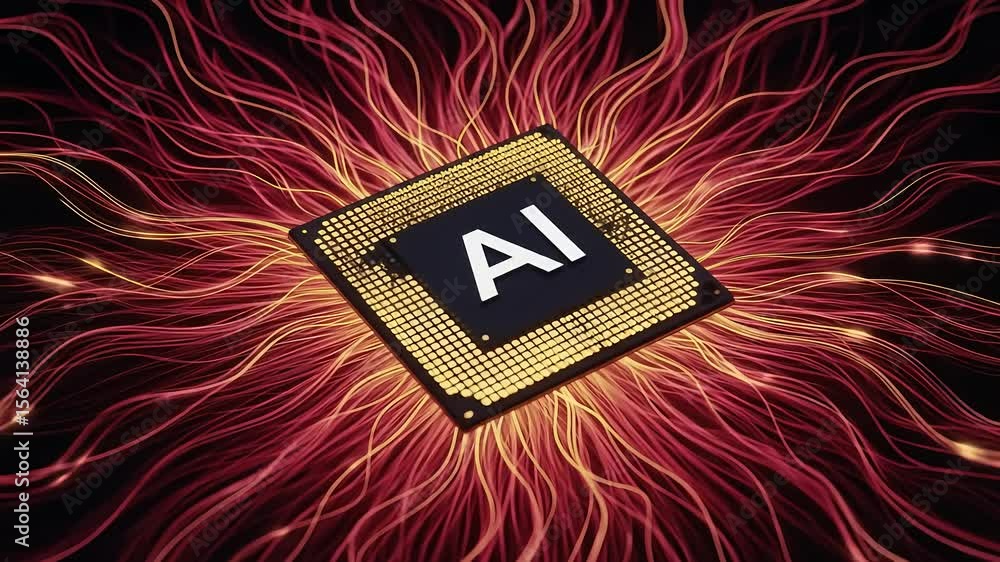 Poster ai microchip, glowing red and gold energy streams, symbolizes artificial intelligence, neural networ