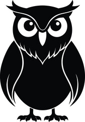 Stylized great horned owl icon. Black graphic illustration of a standing bird of prey with large eyes. Symbol of wisdom, knowledge, and nature. Vector animal logo isolated on a white background.