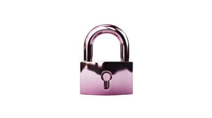 Pink metallic padlock is presented against a isolated background, reflecting light with a glossy finish.