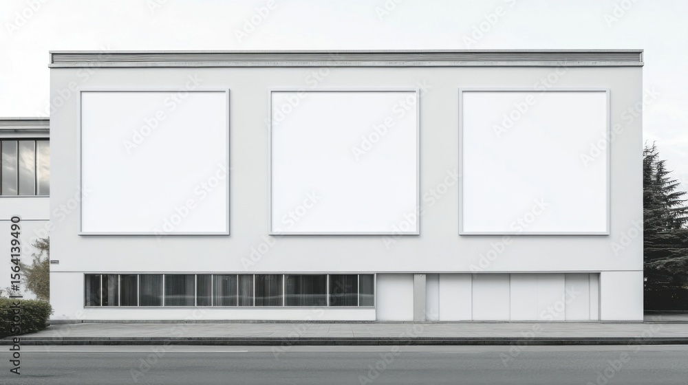 Poster a white building with three large windows on the side
