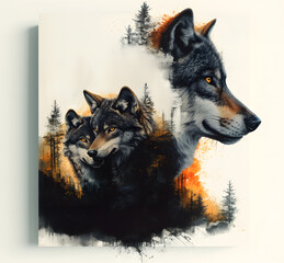 A painting of two wolves in a forest with a splash of orange and yellow