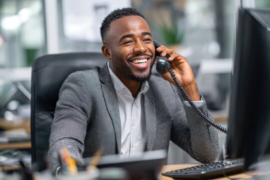 A smiling Black man in a gray suit sits at his desk in an office, happily speaking on a landline phone while looking at a computer monitor