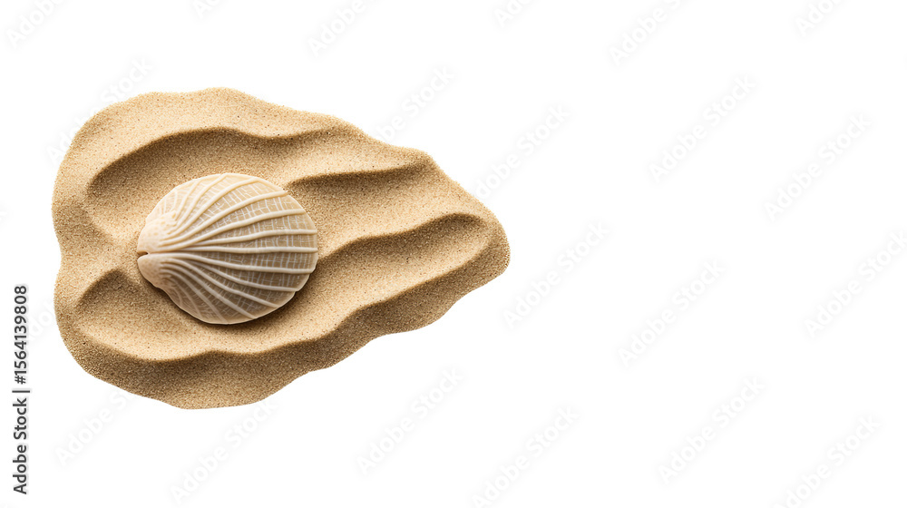 Poster seashell sits nestled on a small sand dune showcasing its ribbed pattern and subtle beige coloration