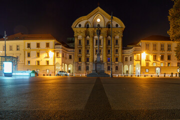 Ursuline Church of the Holy Trinity at night in Ljubljana