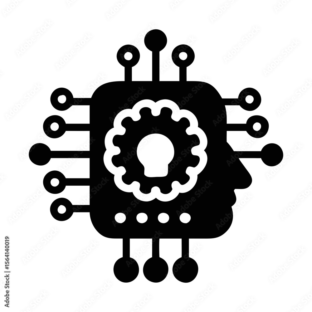 Poster artificial intelligence conceptual metaphor with human head and computer chip gear