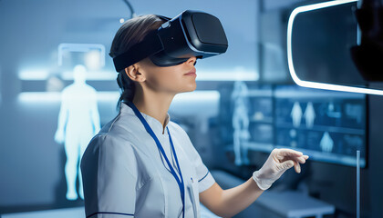 Doctor in VR glasses working with a medical hologram