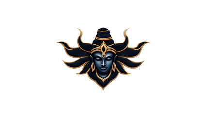 Shiva's dark blue face is surrounded by golden trimmed decorations on a isolated background.