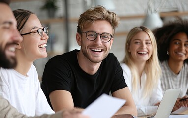 A group of young, diverse adults laugh together at a table, papers and laptops present, showcasing joyful collaboration and camaraderie in a modern, bright workspace