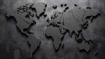 Dark Gray 3D World Map on Concrete Texture Background