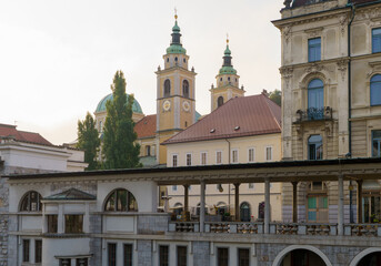 Morning view of Ljubljana Cathedral towers and city buildings