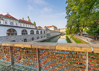Love locks on Butcher’s Bridge in Ljubljana at sunrise