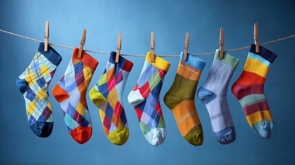 A collection of brightly colored argyle socks each showcasing unique and contrasting patterns is suspended along a string with the vivid hues popping against the calming blue backgroun