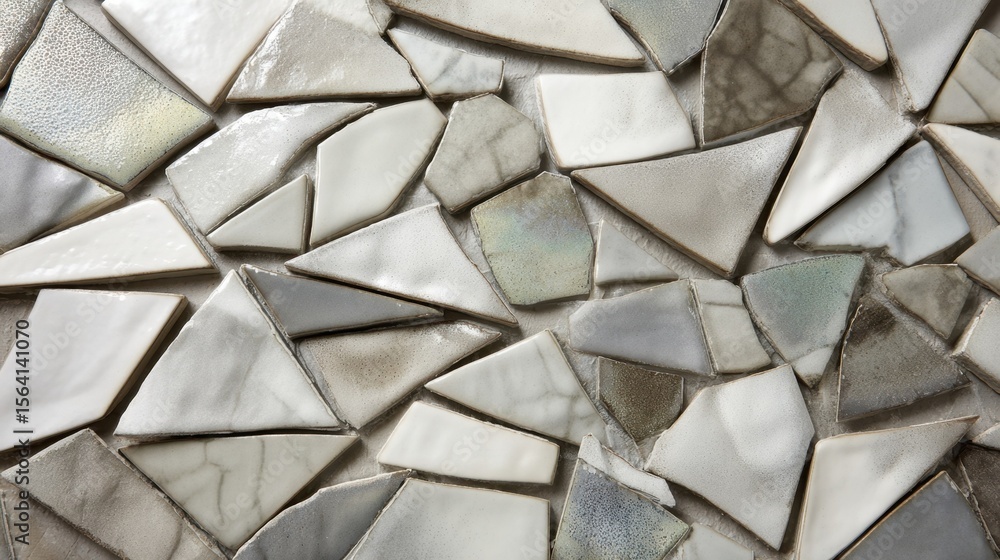 Poster an expansive arrangement of broken ceramic tiles displaying a blend of soft white and muted gray ton