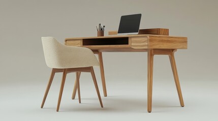 a desk with a laptop and chair in front of it
