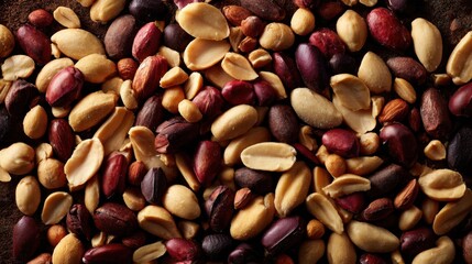 An artistic arrangement of scattered roasted peanuts some whole and others split creating an inviting scene that emphasizes their rich earthy tones and nutritious appeal for health