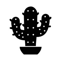 Stylized Black Cactus Icon in a Bowl Pot Isolated on White Background