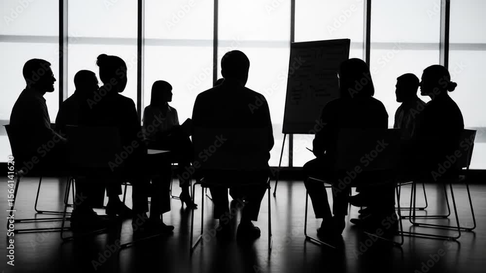 Poster silhouetted group collaboration and brainstorming session in a modern office setting with