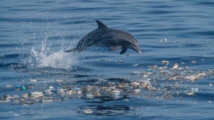 In a serene moment a dolphin leaps above the surface its joyful movement disrupted by a floating mass of plastic debris representing the resilience of wildlife amid growing environmenta