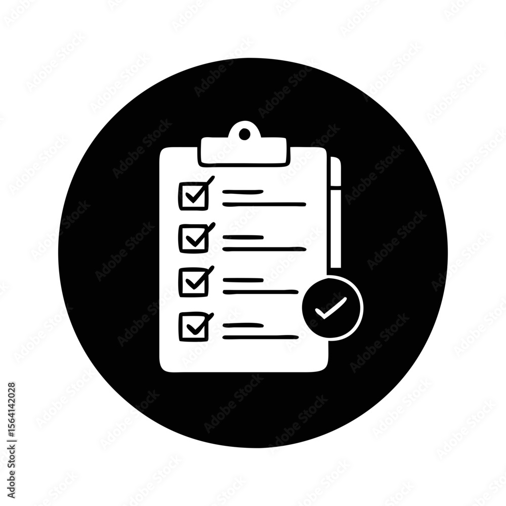 Poster checklist icon on black circle representing completed tasks or project management