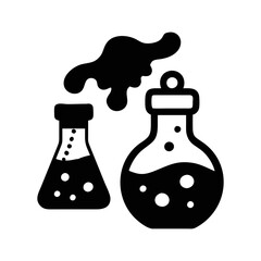 Illustrated laboratory equipment with bubbling reaction, chemistry icon in black color
