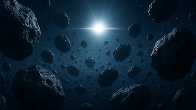 Asteroid field horizon with distant bright star, scattered rocky debris in outer space, cosmic environment, space exploration day