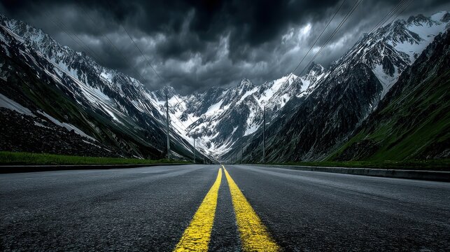 A long empty mountain road stretches into the distance beneath dark stormy clouds and snow-capped peaks - Powered by Adobe