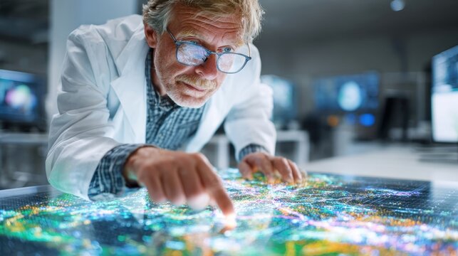 In a bright organized laboratory an older scientist leans intently over a desk navigating through complex geographical maps. With glasses perched on the bridge of their nose they skillfull