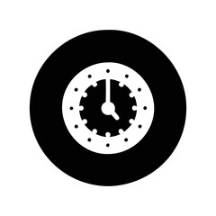 Monochrome representation of a wall clock with a circular dark background