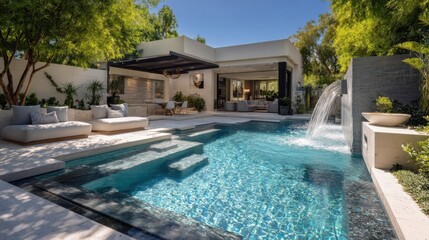 An exquisite backyard oasis features a sparkling pool with a modern infinity edge seamlessly flowing into a lush garden. Plush lounge chairs are strategically arranged for sunbathin