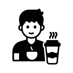 Stylized icon of a person with coffee and a coffee themed shirt
