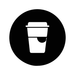 Simple monochromatic vector image of coffee cup on black circular background