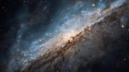 Fototapeta premium A slowly rotating nebula unfolds its intricate structure with dense clouds of stardust forming spiral patterns punctuated by bursts of light emanating from distant stars creating a