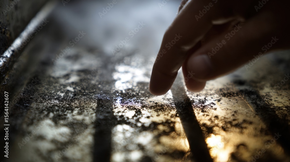 Poster a focused image of oily residues clinging to the surface of a kitchen hood filter with a hand reachi