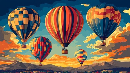 Fototapeta premium Colorful hot air balloons over mountains at sunset