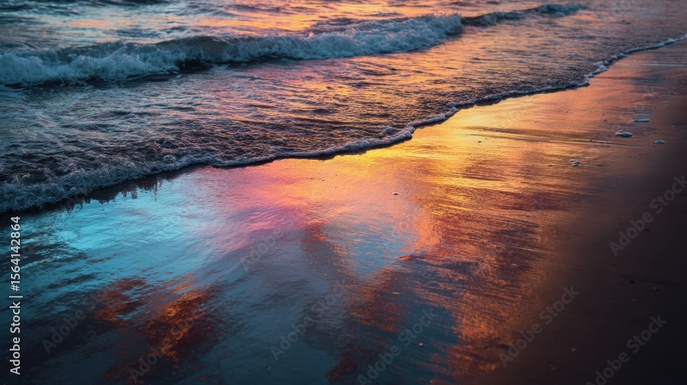 Poster a lowangle perspective captures the stunning gradient of colors in the sky reflecting on a calm sea 