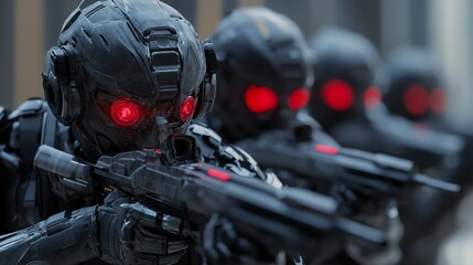 Fototapeta premium Futuristic soldiers in combat stance on city street