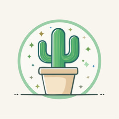 Minimalist Icon of Potted Cactus in Green and Beige Tones