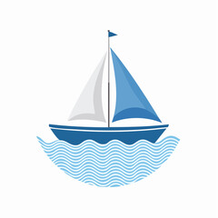 Minimalist Icon of Sailboat on Waves in Blue and White