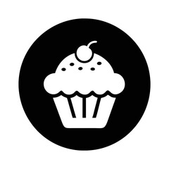 Cupcake Icon with Cherry Topping in Black Circle, Sweet Treat Design