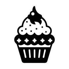Black and white vector image of a delicious decorated cupcake