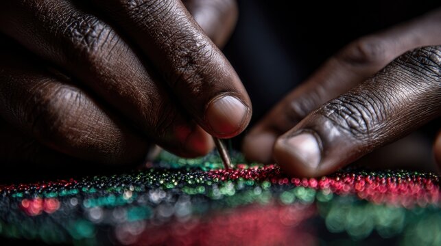An elegant closeup of hands gracefully embroidering the Juneteenth flag where thread glistens in shades of red green and black. The animation captures the artists attention to detai