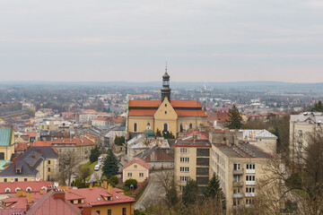 Obraz premium Przemyśl, Subcarpathian, Poland, 30 March 2025: view of The Carmelite Church of St. Theresa and the southern part of the old town