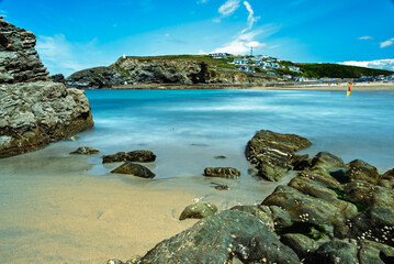Serene beauty of a coastal scene in Portreath, Cornwall. A long exposure creating a serene view of...