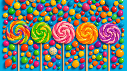 Colorful candy extravaganza featuring five swirl lollipops surrounded by vibrant scattered sweets on a blue background, celebrating national lollipop day