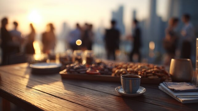 A closeup shot of a wooden desk adorned with an assortment of tea cups snacks and scattered paperwork embodying the relaxed atmosphere of an afterwork gathering. In the blurred backgroun