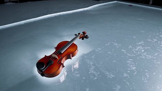 Violon flottant dans une piscine &eacute;clair&eacute;e la nuit